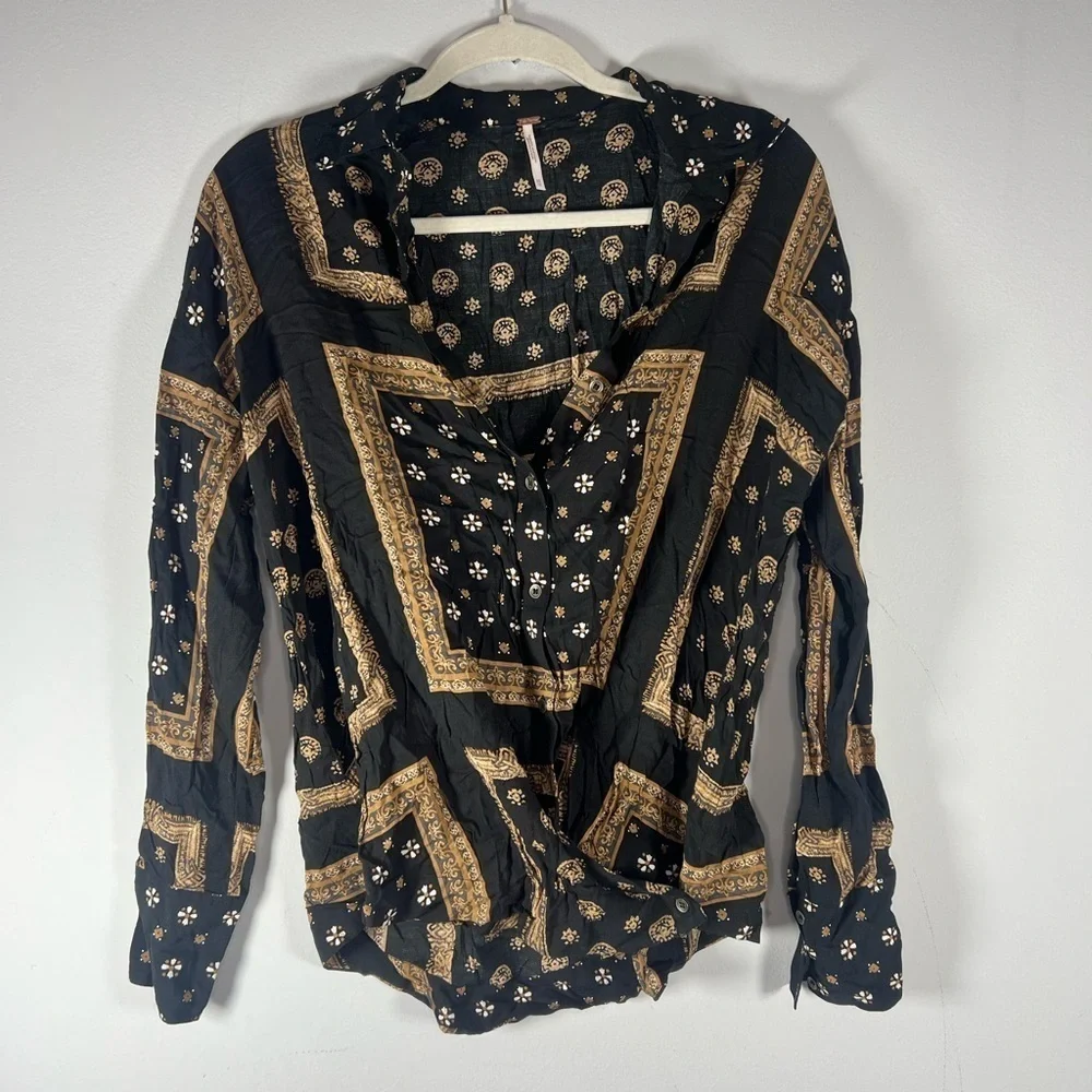 Free People Little Secrets Voile Button Down Top Handkerchief Print Blouse XS